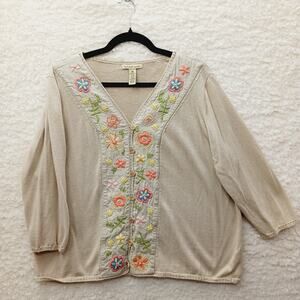 Cardigan Button Linen Tan Floral Embroidered Whimsycore Cottagecore Size 1X